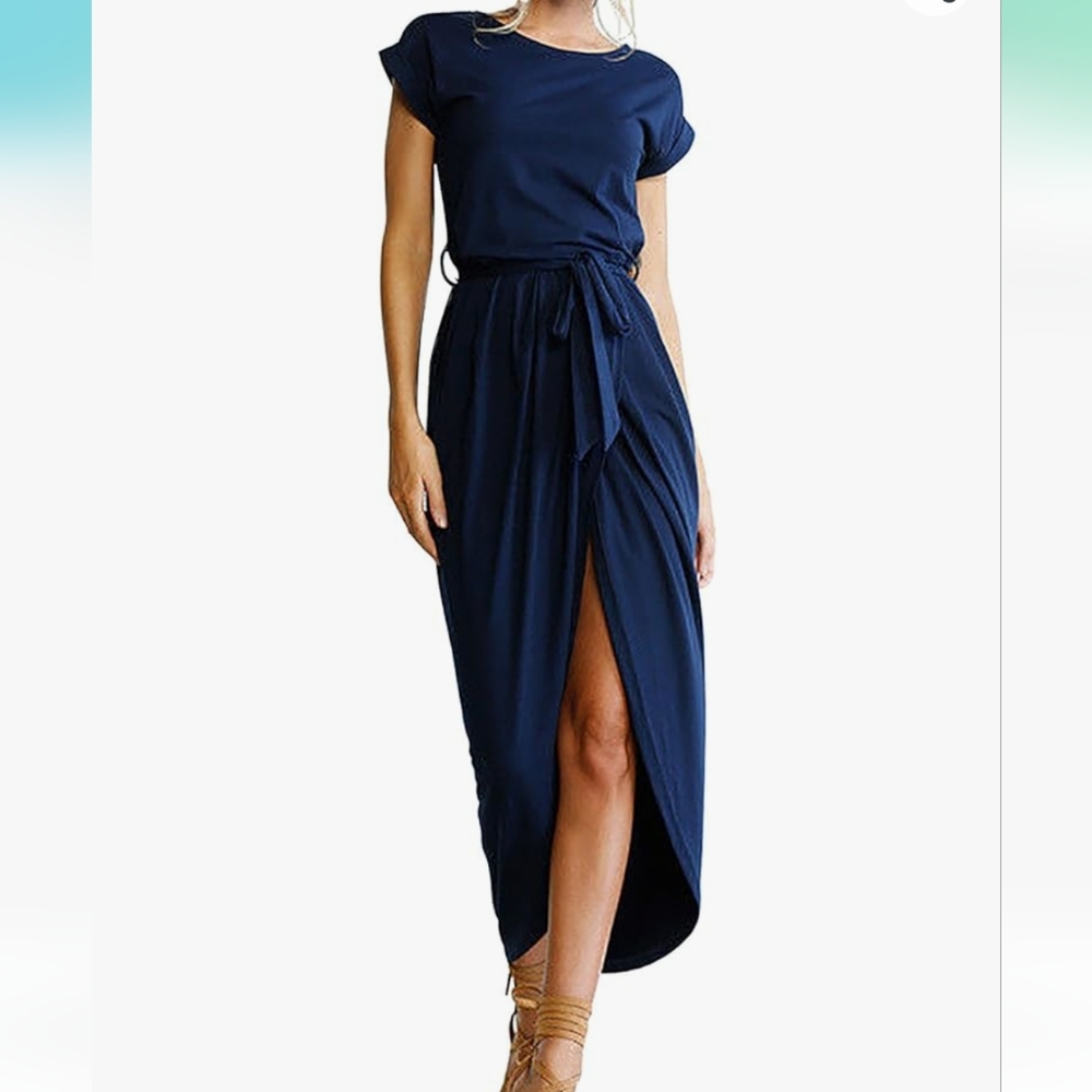 Women's Casual Short Sleeve Slit Solid Navy Blue Maxi Dress